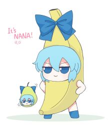  banana_costume blue_bow blue_hair bow cirno closed_mouth dounaga_nuko dress english_text floating food food_costume fruit fumo_(doll) hair_between_eyes hands_on_own_hips pear pearto short_hair simple_background touhou white_background 