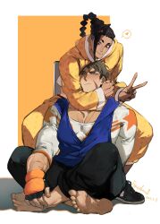  2boys :/ arm_around_neck barefoot black_hair black_pants black_shoes blue_eyes blue_hoodie blush braid brown_eyes brown_hair closed_mouth dark-skinned_male dark_skin earrings fingerless_gloves flavedochen full_body gloves heart highres hood hood_down hoodie indian_style jacket jamie_siu jewelry long_sleeves looking_at_another looking_up luke_sullivan male_focus mma_gloves multicolored_hair multiple_boys multiple_scars one_eye_closed pants partially_unzipped piercing print_shirt scar scar_across_eye scar_on_cheek scar_on_face shirt shoelaces shoes short_sideburns short_sleeves single_bang single_braid sitting sleeveless sleeveless_hoodie smile sneakers spoken_heart squatting street_fighter street_fighter_6 stud_earrings sweatdrop t-shirt two-tone_hair v white_trim yellow_jacket yellow_pants 