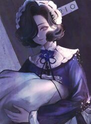  1girl black_hair black_ribbon blanket door dress dutch_angle flower hair_over_one_eye highres holding holding_blanket looking_at_viewer maid maid_headdress neck_flower neck_ribbon parted_lips purple_dress purple_flower reverse:1999 ribbon solo swaddled tuesday_(reverse:1999) upper_body utagawa_niki violet_eyes 