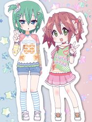  2girls ben-day_dots blue_eyes blush bow bracelet character_cutout converse denim denim_shorts expressionless footwear_bow gingham_bow green_eyes green_hair green_star hair_ornament happy heart heart_bracelet heart_hair_ornament heisei_retro highres iwasaki_minami jewelry juliet_sleeves kobayakawa_yutaka long_sleeves lucky_star multiple_girls number_print pink_hair puffy_sleeves raglan_sleeves red_bow red_hair red_ribbon ribbon screentones shoes short_twintails shorts side_ponytail socks star_(symbol) star_bracelet star_hair_ornament star_symbol_background striped_clothes striped_sleeves striped_socks tanpaku_(oqu_2) twintails v x yellow_star 