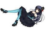  1girl akiyama_mio bad_id bangs bare_shoulders black_hair blue_eyes blue_legwear blunt_bangs blush choker don&#039;t_say_&quot;lazy&quot; don&#039;t_say_lazy dress elbow_gloves frills gloves hat high_heels highres hime_cut jewelry k-on! long_hair mini_top_hat necklace nekokotei pantyhose shoes solo top_hat wallpaper white 