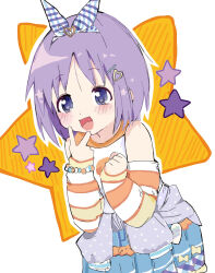  1girl blue_eyes blush bow bracelet clenched_hand clothes_around_waist denim denim_shorts gingham hair_ornament hair_ribbon happy heart heart_hair_ornament highres hiiragi_tsukasa jacket jacket_around_waist jewelry looking_at_viewer lucky_star polka_dot polka_dot_jacket purple_hair purple_star ribbon short_hair shorts star_(symbol) star_symbol_background striped_sleeves user_yjgk7325 v white_background yellow_bow yellow_star 
