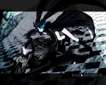  black_hair black_rock_shooter black_rock_shooter_(character) blue_eyes boots cape kuroikisi long_hair motor_vehicle motorcycle twintails vehicle 