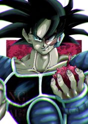  1boy black_fur black_hair dragon_ball dragon_ball_z food fruit highres holding holding_food holding_fruit male_focus medium_hair saiyan_armor scouter smirk solo spiky_hair stktik09060906 tullece upper_body 
