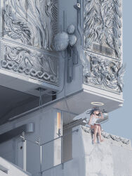  1girl absurdres airfish_(lefko_d) angel_wings barefoot black_hair building dress halo highres holding holding_telescope looking_through_scope original outdoors relief scenery solo spyglass telescope white_dress wings yellow_halo 