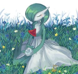  artist_name bob_cut closed_eyes colored_skin dietranch dress flabebe flabebe_(yellow_flower) flower gardevoir grass green_hair green_skin hair_over_one_eye highres multicolored_skin on_grass pokemon pokemon_(creature) sitting two-tone_skin white_dress white_flower white_skin 