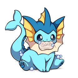  absurdres blue_sclera blush colored_sclera commentary english_commentary fins full_body head_fins highres mouth_hold no_humans pokemon pokemon_(creature) pokemon_focus sevi_(seviyummy) simple_background sitting smile soap soap_bubbles vaporeon white_background 