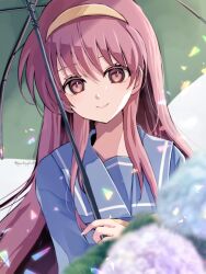  1girl blue_sailor_collar blue_skirt blurry blurry_foreground bow closed_mouth flower fujisaki_shiori glass_shards green_umbrella hair_between_eyes hairband holding holding_umbrella hydrangea kirameki_high_school_uniform long_hair long_sleeves looking_at_viewer red_eyes red_hair sailor_collar school_uniform serafuku signature simple_background skirt smile solo tokimeki_memorial tokimeki_memorial_1 umbrella white_background yellow_bow yellow_hairband yuzuchi_(yuchiyduchi) 