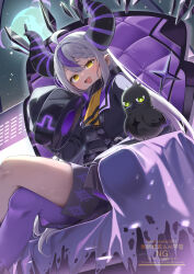  1girl ahoge ascot asymmetrical_bangs black_coat black_horns blush braid braided_bangs breasts center-flap_bangs coat commentary crossed_legs crow_(la+_darknesss) cuffs demon_horns double-parted_bangs earth_(planet) fang feet_out_of_frame grey_hair highres hololive horns kakeru_(kakekaker001) la+_darknesss la+_darknesss_(1st_costume) large_horns long_hair looking_at_viewer multicolored_hair multicolored_horns open_mouth pantyhose planet purple_hair purple_horns purple_pantyhose science_fiction shackles single_leg_pantyhose sitting sleeves_past_fingers sleeves_past_wrists slit_pupils small_breasts smile solo space spacecraft spacecraft_interior streaked_hair striped_horns throne two-tone_hair two-tone_horns virtual_youtuber watermark yellow_ascot yellow_eyes 