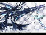  2d arm_cannon belt bikini_top black_hair black_rock_shooter black_rock_shooter_(character) blue_eyes chain checkered denim denim_shorts flat_chest front-tie_top gloves glowing glowing_eyes gun highres hood jacket katana long_hair midriff pale_skin scar shorts solo star stitches sword torn_clothes twintails uneven_twintails very_long_hair wallpaper weapon zipper 