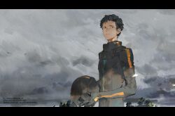  1boy black_border black_hair border closed_mouth commentary_request copyright_notice grey_sky gundam gundam_hathaway's_flash hathaway_noa helmet holding holding_helmet jumpsuit kalak_39 mecha_pilot_suit mobile_suit_gundam outdoors short_hair sky unworn_headwear unworn_helmet 