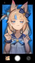  1girl absurdres ahoge animal_ear_fluff animal_ears black_border blonde_hair blue_background blue_eyes blue_hair blue_nails blue_neckerchief blue_sailor_collar blurry blurry_edges blush border bow buttons cat_ears collarbone commentary dooby_(vtuber) dress drop_shadow english_commentary fang hair_bow half-closed_eyes hands_up highres indie_virtual_youtuber long_hair looking_at_viewer low_twintails multicolored_hair nail_polish neckerchief newbie_(newbie_132) one_side_up open_mouth outside_border sailor_collar sameko_saba scrunchie skin_fang sleeveless sleeveless_dress solo streaked_hair sweatdrop twintails uneven_eyes very_long_hair viewfinder virtual_youtuber white_dress wrist_scrunchie 