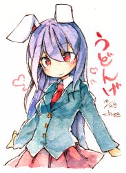  1girl animal_ears blue_jacket breasts closed_mouth collared_shirt cowboy_shot dated hair_between_eyes heart jacket kibayashi_kimori long_sleeves necktie one-hour_drawing_challenge pink_skirt pleated_skirt purple_hair rabbit_ears rabbit_girl red_eyes red_necktie reisen_udongein_inaba shirt simple_background skirt small_breasts solo touhou white_background white_shirt 