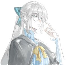  1girl aoku_mire blue_eyes bow fate/grand_order fate_(series) glasses hair_between_eyes hair_bow long_hair morgan_le_fay_(fate) morgan_le_fay_(pop_up_attire)_(fate) ponytail simple_background solo white_background 