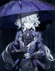  1girl absurdres ascot asymmetrical_gloves black_ascot black_background blue_gemstone blue_jacket blue_umbrella commentary_request furina_(genshin_impact) gem genshin_impact hair_between_eyes heterochromia highres holding holding_umbrella jacket koumimi long_hair looking_at_viewer medium_hair mismatched_gloves open_mouth ouji_fashion rain solo umbrella upper_body wavy_hair white_hair 