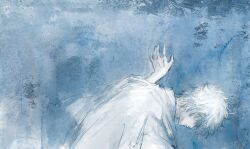  1boy against_wall blue_background blue_theme closed_mouth from_side gintama hand_on_wall hand_up haori highres japanese_clothes kimono leaning_forward long_sleeves lushu_kuye male_focus messy_hair profile sakata_gintoki short_hair solo upper_body white_hair white_haori 