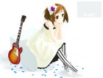  brown_eyes brown_hair don't_say_&quot;lazy&quot; dress gochou_(comedia80) guitar hair_ornament hairclip hirasawa_yui instrument jewelry k-on! necklace pantyhose short_hair sitting solo striped vertical-striped_legwear vertical_stripes white 