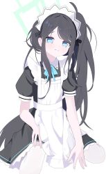  1girl absurdres apron aqua_eyes aqua_halo aqua_ribbon aris_(blue_archive) aris_(maid)_(blue_archive) black_dress black_hair blue_archive chinese_commentary closed_mouth collared_dress commentary contrast_collar dot_nose dress frilled_apron frilled_dress frills halo hand_under_clothes highres light_blush long_hair long_sidelocks looking_at_viewer maid maid_apron neck_ribbon official_alternate_costume official_alternate_hairstyle parted_bangs ponytail raised_inner_eyebrows rectangular_halo ribbon ringed_eyes sidelocks simple_background sitting solo split_mouth tearing_up thigh-highs very_long_hair white_apron white_background white_thighhighs zizhucan 