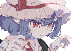  1girl absurdres ascot bat_wings blue_hair closed_mouth collared_shirt commentary fang fang_out frilled_shirt_collar frills hands_up hat highres kame_(kamepan44231) nail_polish pink_hat pink_shirt portrait red_ascot red_eyes red_nails remilia_scarlet shirt short_hair simple_background solo touhou white_background wings 