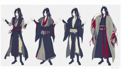  1boy ahoge black_boots black_hair black_hanfu boots chinese_clothes closed_mouth coat costume_chart dizi flute flute_tassel full_body grey_background grey_coat grey_eyes hair_down hair_ribbon half_updo hand_up hands_up hanfu highres instrument long_hair long_sleeves looking_at_viewer male_focus modao_zushi moirae multiple_views official_alternate_costume official_alternate_hairstyle open_clothes open_coat pants ponytail red_ribbon red_sash ribbon robe sash sidelocks simple_background smile standing tassel transverse_flute twitter_username variations very_long_hair wei_wuxian wei_wuxian_(yiling_laozu) white_pants wide_sleeves yaopei 