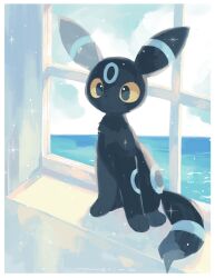  alternate_color animal_focus black_eyes colored_sclera highres merino_(merino_9999) no_humans pokemon pokemon_(creature) red_sclera shiny_pokemon sitting solo umbreon water window yellow_sclera 