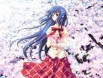  blue_hair cherry_blossoms green_eyes hanafubuki highres long_hair petals plaid plaid_skirt sakurazawa_izumi school_uniform seifuku skirt smile wallpaper 