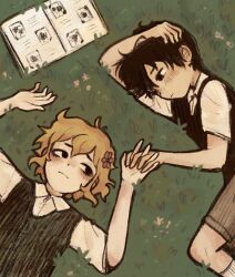  2boys alternate_eye_color basil_(faraway)_(omori) basil_(omori) black_eyes black_hair blonde_hair book brown_shorts closed_mouth collared_shirt flower green_sweater_vest hair_flower hair_ornament highres holding_hands looking_at_another lying male_focus multiple_boys omori on_back on_side open_book ottie_pops scrapbook shirt short_hair short_sleeves shorts socks sunny_(omori) sweater_vest white_shirt white_socks 