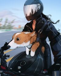  1girl biker_clothes bikesuit black_bodysuit black_gloves black_hair black_helmet blue_sky bodysuit day dog gloves helmet highres highway jewelry long_hair looking_ahead motion_blur motor_vehicle motorcycle necklace original riding sam_yang sky solo welsh_corgi 