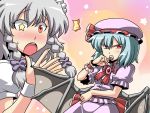  2girls :o angry bat_wings blue_hair blush hat highres izayoi_sakuya pacifier red_eyes remilia_scarlet silver_hair star surprised sweatdrop symbol-shaped_pupils touhou tsuki_wani wings 