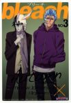  2boys absurdres alternate_costume arrancar black_hair bleach blue_eyes blue_hair casual copyright_name cropped_legs espada facial_mark feet_out_of_frame green_eyes grimmjow_jaegerjaquez hair_between_eyes hand_in_pocket highres holding holding_scarf hood_down hoodie long_sleeves looking_at_viewer male official_art pants purple_hoodie scarf skull standing teeth title_drop ulquiorra_cifer zipper 