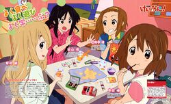  absurdres akiyama_mio bedroom black_hair blonde_hair brown_hair casual eating food glass highres hirasawa_yui ishidate_taichi k-on! kotobuki_tsumugi long_hair multiple_girls official_art pocky potato_chips scan short_hair snacks tainaka_ritsu text tomboy 