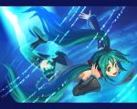  digital_dissolve dissolving dissolving_clothes green_eyes green_hair hatsune_miku headphones hisakata_souji letterboxed long_hair necktie solo thigh-highs twintails vocaloid 