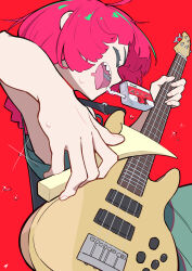  1girl absurdres armpits bass_guitar bocchi_the_rock! braid closed_eyes dress dynamic_pose flying_sweatdrops green_dress guitar guitar_strap hand_up highres hiroi_kikuri instrument long_hair music no_bra open_mouth playing_bass_guitar playing_instrument red_background red_hair simple_background single_braid sweat sweatdrop tooth user_dfxd4355 