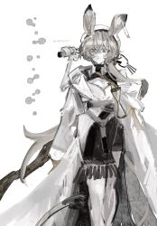  1girl animal_ears arknights black_skirt blonde_hair brown_eyes coat dorothy_(arknights) ear_tag feet_out_of_frame hair_between_eyes highres jerboa_tail lab_coat long_hair looking_at_viewer mouse_ears muted_color nou_darake sidelocks single_bare_shoulder sketch skirt solo standing twitter_username white_background white_coat white_skirt 