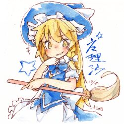  1girl alternate_color apron back_bow blonde_hair blue_bow blue_bowtie blue_hat blue_skirt blue_vest bow bowtie broom dated frilled_apron frills hat holding holding_broom kibayashi_kimori kirisame_marisa large_bow long_hair one-hour_drawing_challenge open_mouth puffy_short_sleeves puffy_sleeves raised_eyebrow shirt short_sleeves simple_background skirt solo touhou very_long_hair vest waist_apron white_apron white_background white_bow white_shirt yellow_eyes 