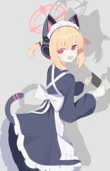  1girl :d absurdres animal_ear_headphones animal_ears apron back_bow black_dress black_tail blonde_hair blue_archive bow cat_ear_headphones cat_ears cat_tail chinese_commentary collared_dress commentary contrast_collar dress eyes_visible_through_hair fake_animal_ears fake_tail fang frilled_apron frilled_dress frills from_behind grey_background hair_bow halo headphones highres holding lifted_by_tail long_sleeves looking_at_viewer looking_back maid maid_apron maid_headdress momoi_(blue_archive) momoi_(maid)_(blue_archive) official_alternate_costume official_alternate_hairstyle open_mouth parted_bangs pink_eyes pink_halo puffy_long_sleeves puffy_sleeves raised_inner_eyebrows red_bow shadow short_hair short_twintails sidelocks simple_background skin_fang smile solo tail tail_raised turning_head twintails white_apron white_bow white_headdress zizhucan 