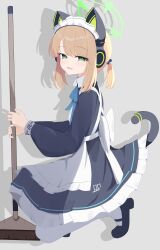 1girl absurdres animal_ear_headphones animal_ears apron back_bow black_dress black_shoes black_tail blonde_hair blue_archive blue_bow blue_ribbon blush bow broom cat_ear_headphones cat_ears cat_tail collared_dress dress fake_animal_ears fake_tail frilled_apron frilled_dress frills from_side full_body green_eyes grey_background hair_bow half-closed_eyes headphones highres holding holding_broom invisible_floor long_sleeves looking_at_viewer maid maid_apron maid_headdress mary_janes medium_hair midori_(blue_archive) midori_(maid)_(blue_archive) millennium_science_school_logo neck_ribbon number_print official_alternate_costume official_alternate_hairstyle on_one_knee open_mouth pantyhose parted_bangs ponytail puffy_long_sleeves puffy_sleeves ribbon shadow shoes sidelocks simple_background smile solo swept_bangs tail tail_raised tiptoes white_apron white_bow white_headdress white_pantyhose zizhucan 