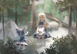 2girls :d absurdres black_bow blonde_hair bloomers blue_bow blue_hair bow braid cattail cirno collar dress facing_away fallen_tree forest from_behind hair_bow hair_ornament hairclip highres holding ice ice_wings kirisame_marisa leaf long_hair multiple_girls nature no_noru ofuda on_water plant puffy_short_sleeves puffy_sleeves rock short_hair short_sleeves side_braid single_braid skirt smile sunlight touhou tree white_dress wings 