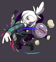  1girl :d absurdres bass_guitar black_boots boots bright_pupils commentary_request dress green_eyes grey_background hair_bobbles hair_ornament highres holding holding_instrument instrument koffing long_sleeves open_mouth pokemon pokemon_(creature) pokemon_bw2 roxie_(pokemon) smile striped_clothes striped_dress teeth topknot two-tone_dress upper_teeth_only user_ydyh4577 white_hair white_pupils 