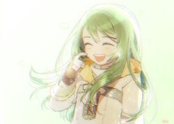  1girl artist_name finger_to_face fingerless_gloves gloves green_hair levi_spo long_sleeves mabinogi simple_background smile tanilliem_(mabinogi) teeth 