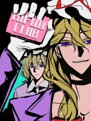  bar_soap black_choker blonde_hair bow choker commentary crossover english_commentary fight_club gloves green_background hair_bow hat hat_ribbon highres long_hair long_sleeves looking_at_viewer maribel_hearn medium_hair mob_cap poster_parody poxiao354 purple_shirt red_bow red_ribbon ribbon shirt smirk soap touhou violet_eyes white_gloves white_hat yakumo_yukari 