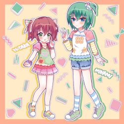  2girls absurdres ben-day_dots blue_eyes blush border bow bracelet character_name converse denim denim_shorts expressionless frilled_skirt frills gingham_bow green_hair green_shoes green_star hair_ornament happy heart heart_hair_ornament highres iwasaki_minami jewelry juliet_sleeves kobayakawa_yutaka long_sleeves lucky_star multiple_girls narumiya_kousen number_print pink_skirt ponytail puffy_sleeves raglan_sleeves red_bow red_hair red_star screentones shoes short_hair short_ponytail short_twintails shorts side_ponytail skirt socks star_(symbol) star_bracelet star_hair_ornament striped_clothes striped_sleeves striped_socks triangle twintails v yellow_star 