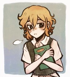  1boy alternate_eye_color basil_(faraway)_(omori) basil_(omori) black_eyes blonde_hair blush book bright_pupils collared_shirt green_sweater_vest highres holding holding_book looking_at_viewer male_focus omori ottie_pops parted_lips scrapbook shirt short_hair short_sleeves solo sweatdrop sweater_vest white_pupils white_shirt 