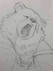  1boy animal_ears bear_boy bear_ears ben_bigger chain chain_necklace commentary_request fangs graphite_(medium) hatching_(texture) highres jacket jewelry kita_9999 linear_hatching necklace one_eye_closed open_mouth scar scar_across_eye scar_on_face squeans traditional_media yawning zenless_zone_zero 