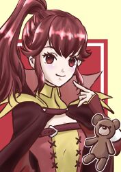  1girl absurdres anna_(fire_emblem) cloak closed_mouth finger_to_face fire_emblem fire_emblem_awakening highres momojikutteyaru ponytail red_cloak red_eyes red_hair sidelocks stuffed_animal stuffed_toy teddy_bear upper_body 