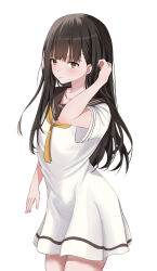  1girl absurdres adjusting_hair black_hair brown_eyes brown_sailor_collar brown_serafuku closed_mouth collarbone commentary dress hand_up highres ko_haru long_hair make_heroine_ga_oo_sugiru! neckerchief nukumizu_kaju sailor_collar sailor_dress school_uniform serafuku simple_background solo standing white_background white_dress yellow_neckerchief 