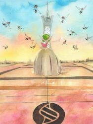  bird colored_skin dress elbow_gloves fletchling gardevoir gloves highres lumiose_city mega_evolution_symbol mega_gardevoir mega_pokemon mofinngram painting_(medium) pink_eyes pokemon pokemon_(creature) pokemon_legends:_z-a pokemon_xy signature traditional_media watercolor_(medium) white_dress white_gloves white_skin 