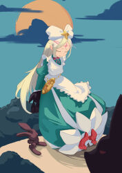  1girl absurdres apron blonde_hair blue_dress bow closed_eyes clouds commentary_request dress facial_mark forehead_mark hair_bow highres large_bow long_hair long_sleeves mahou_shoujo_ni_akogarete morino_korisu nero_alice open_mouth rabbit red_shoes shoes sky sun tinamou venalita white_apron white_bow 