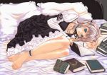  bed blue_eyes book dress feet frills legs lying mikazukimo pillow reading silver_hair toes 