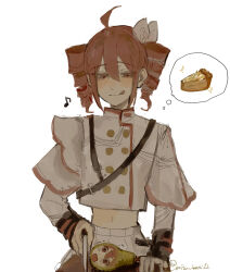 2girls absurdres ahoge buttons chest_harness closed_mouth cropped_shirt crying crying_with_eyes_open cutting_board double-breasted drill_hair food grey_shirt grey_skirt hair_between_eyes hair_ribbon harness highres holding holding_knife kasane_teto kasane_teto_(sv) knife licking_lips mizukuni multiple_girls musical_note navel open_mouth pearto pie red_eyes red_hair ribbon scared shirt short_hair sidelocks signature simple_background skirt solo speech_bubble synthesizer_v tears thought_bubble tongue tongue_out trembling twin_drills twintails twitter_username white_background white_ribbon